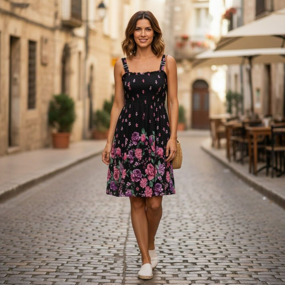 Docele Dress Women's Black  Floral Summer Sundress Smocked Sleeveless Midi #358